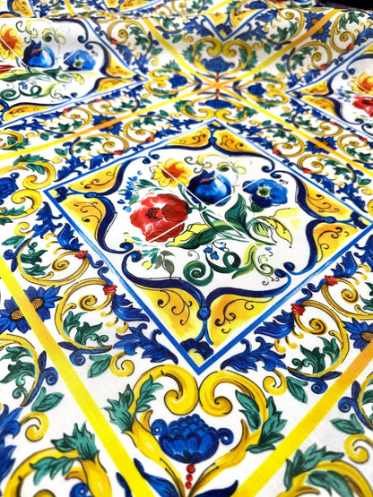 Blue and Yellow Floral Majolica Pattern Fabric