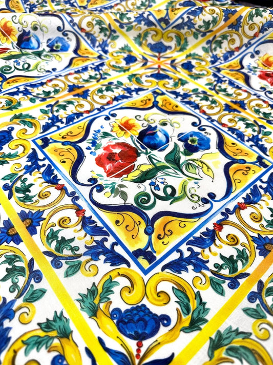 Blue and Yellow Floral Majolica Pattern Fabric