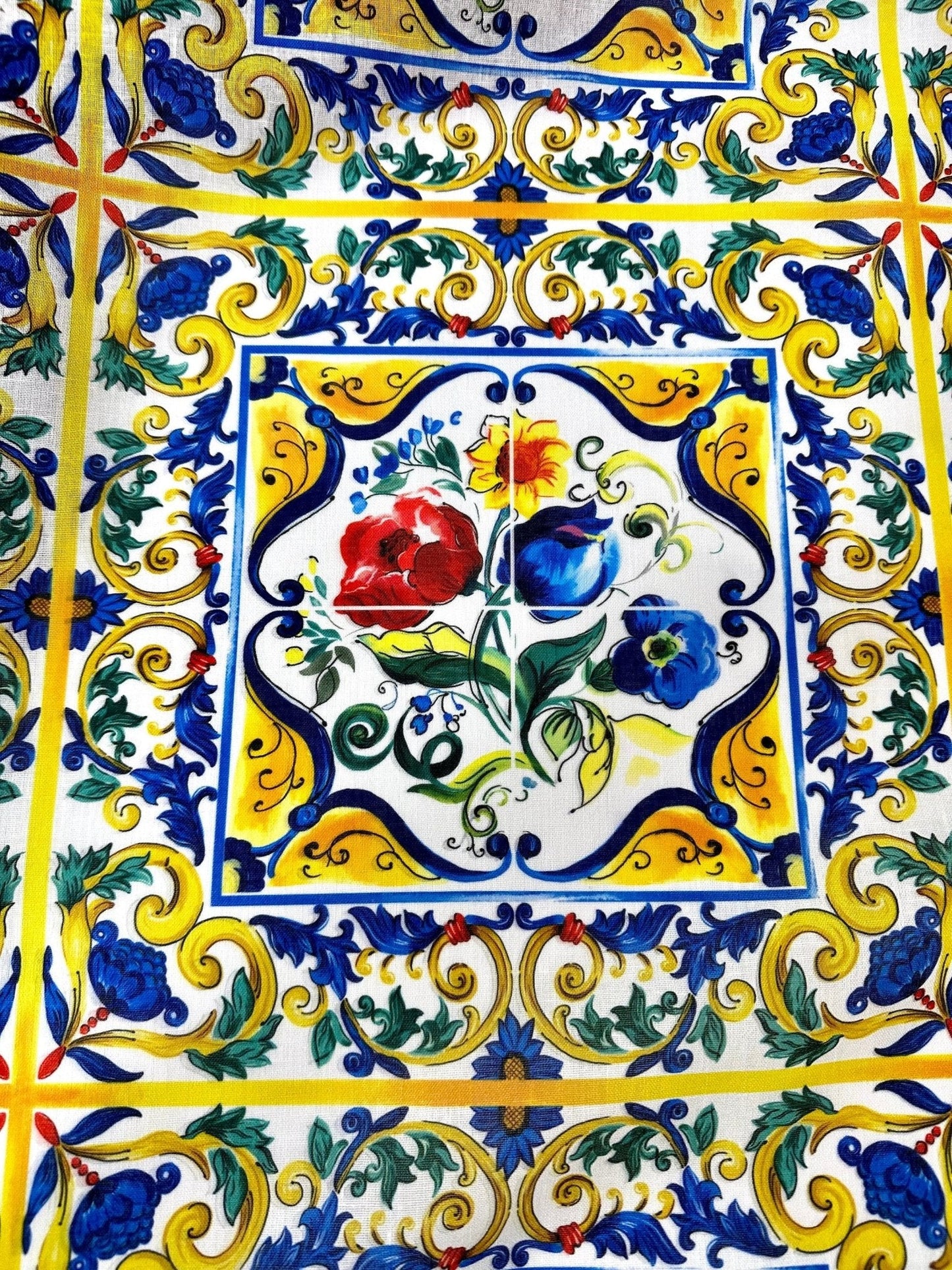 Blue and Yellow Floral Majolica Pattern Fabric