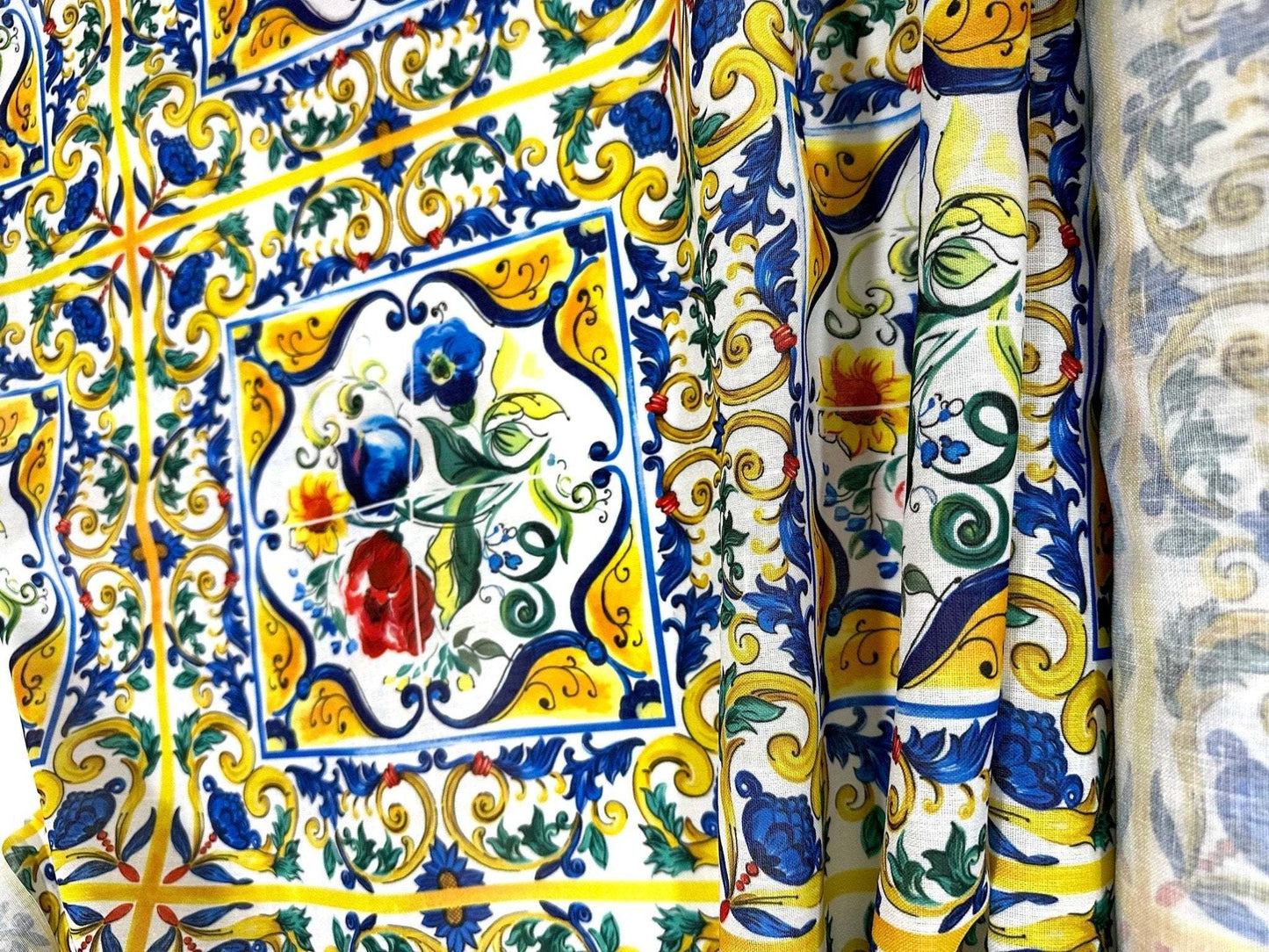 Blue and Yellow Floral Majolica Pattern Fabric – Multiple Fabric Options, Sold by Metre