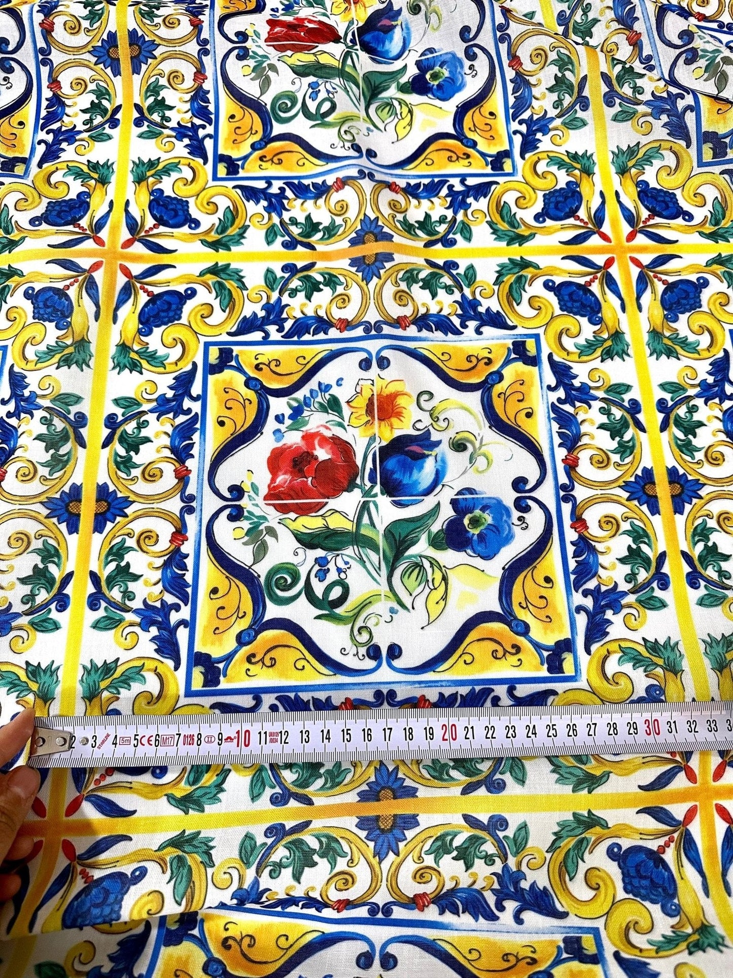 Blue and Yellow Floral Majolica Pattern Fabric