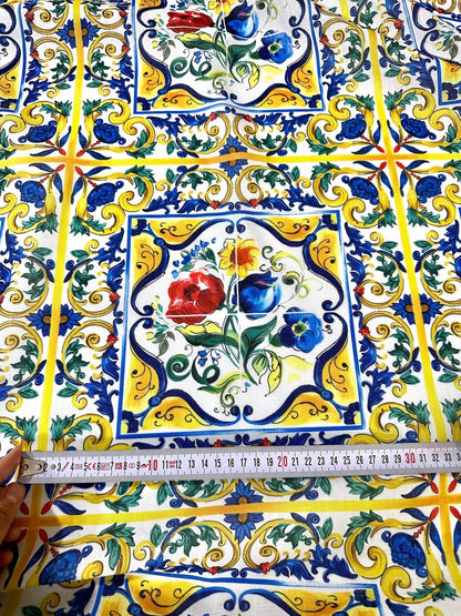 Blue and Yellow Floral Majolica Pattern Fabric