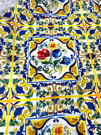 Blue and Yellow Floral Majolica Pattern Fabric