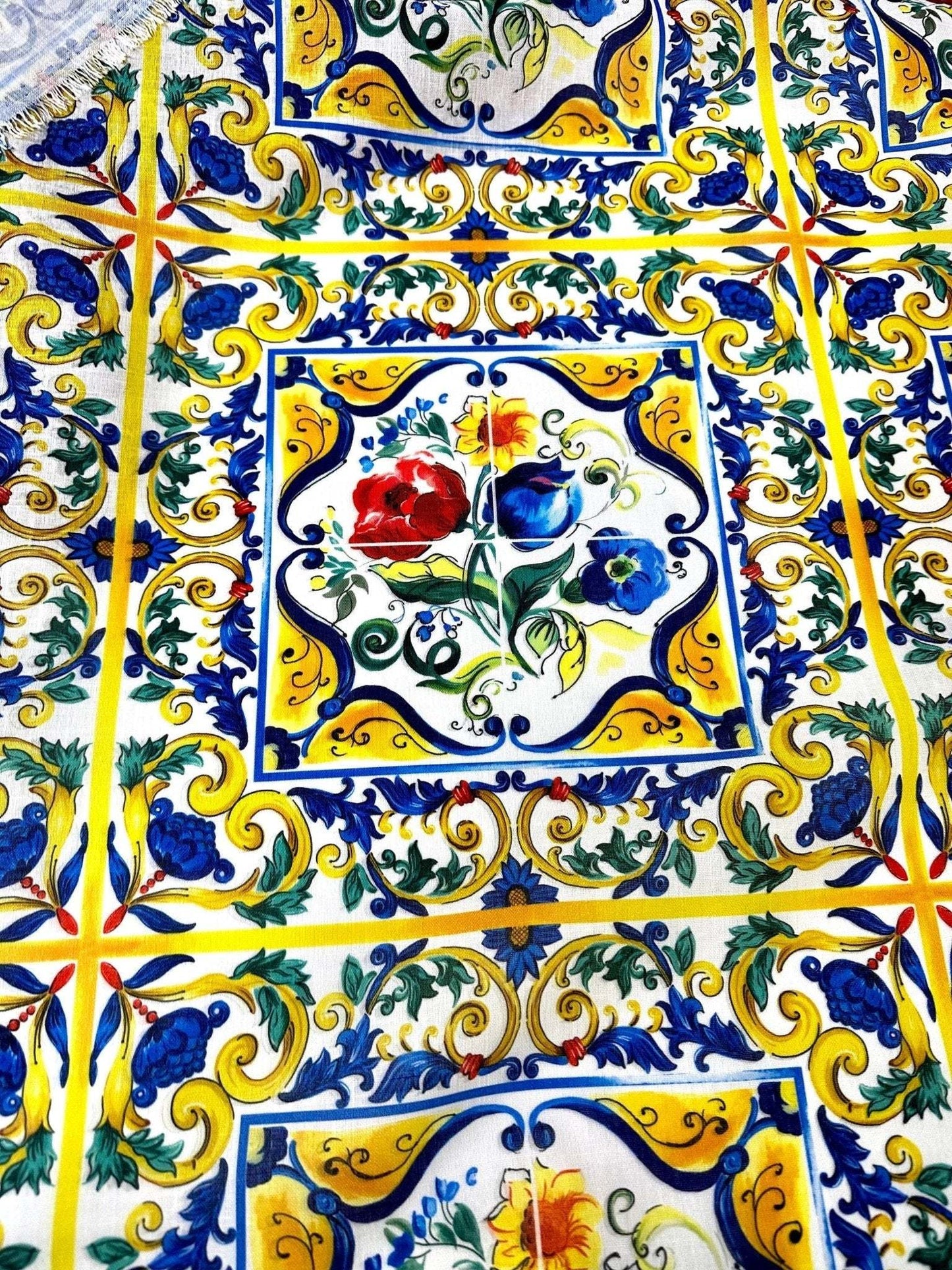 Blue and Yellow Floral Majolica Pattern Fabric – Multiple Fabric Options, Sold by Metre
