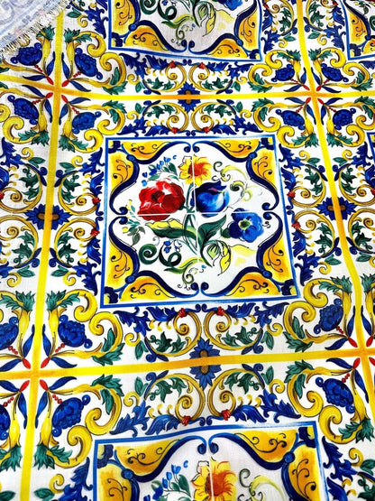 Blue and Yellow Floral Majolica Pattern Fabric – Multiple Fabric Options, Sold by Metre