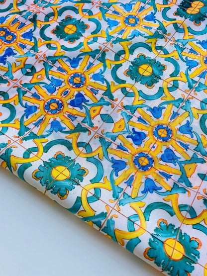 Yellow, Blue & Green Pattern Mediterranean Tile Print Fabric