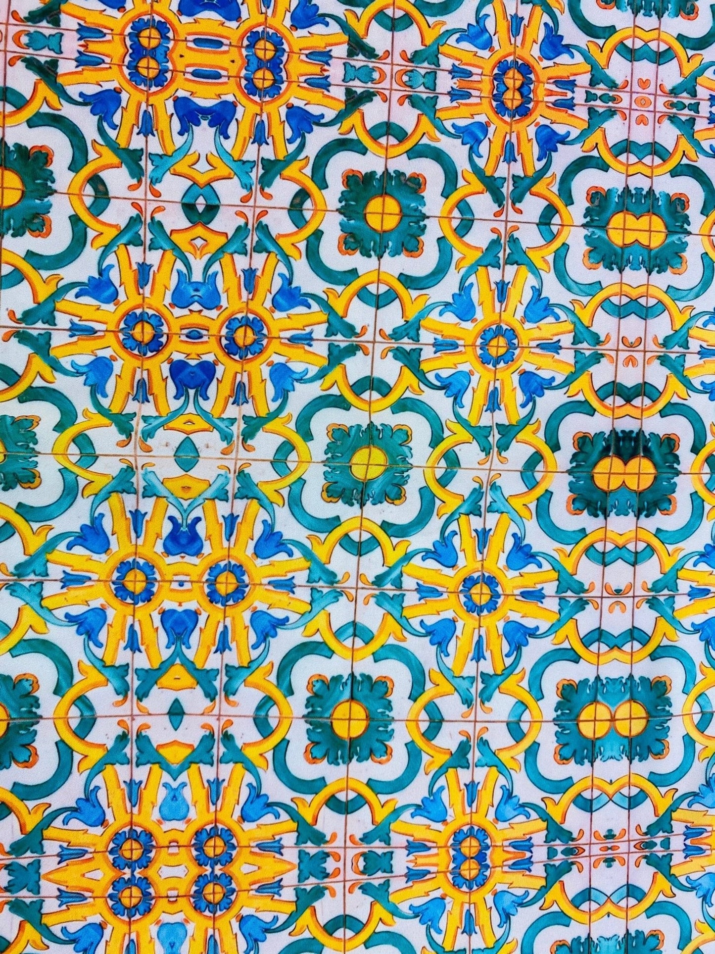 Yellow, Blue & Green Pattern Mediterranean Tile Print Fabric