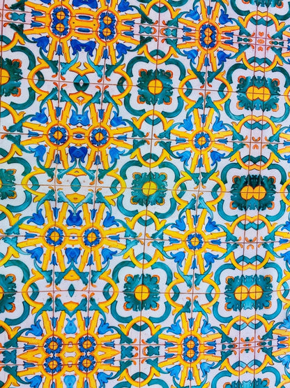 Yellow, Blue & Green Pattern Mediterranean Tile Print Fabric