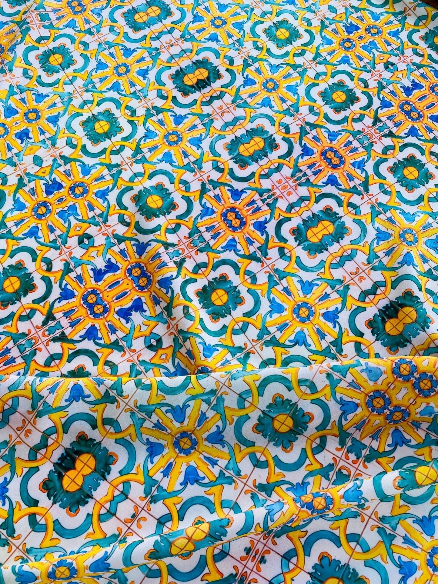 Yellow, Blue & Green Pattern Mediterranean Tile Print Fabric