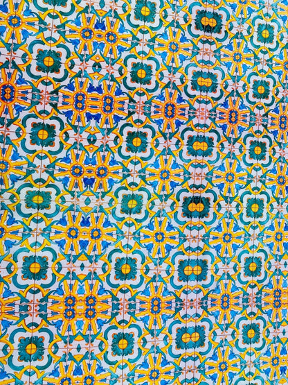 Yellow, Blue & Green Pattern Mediterranean Tile Print Fabric