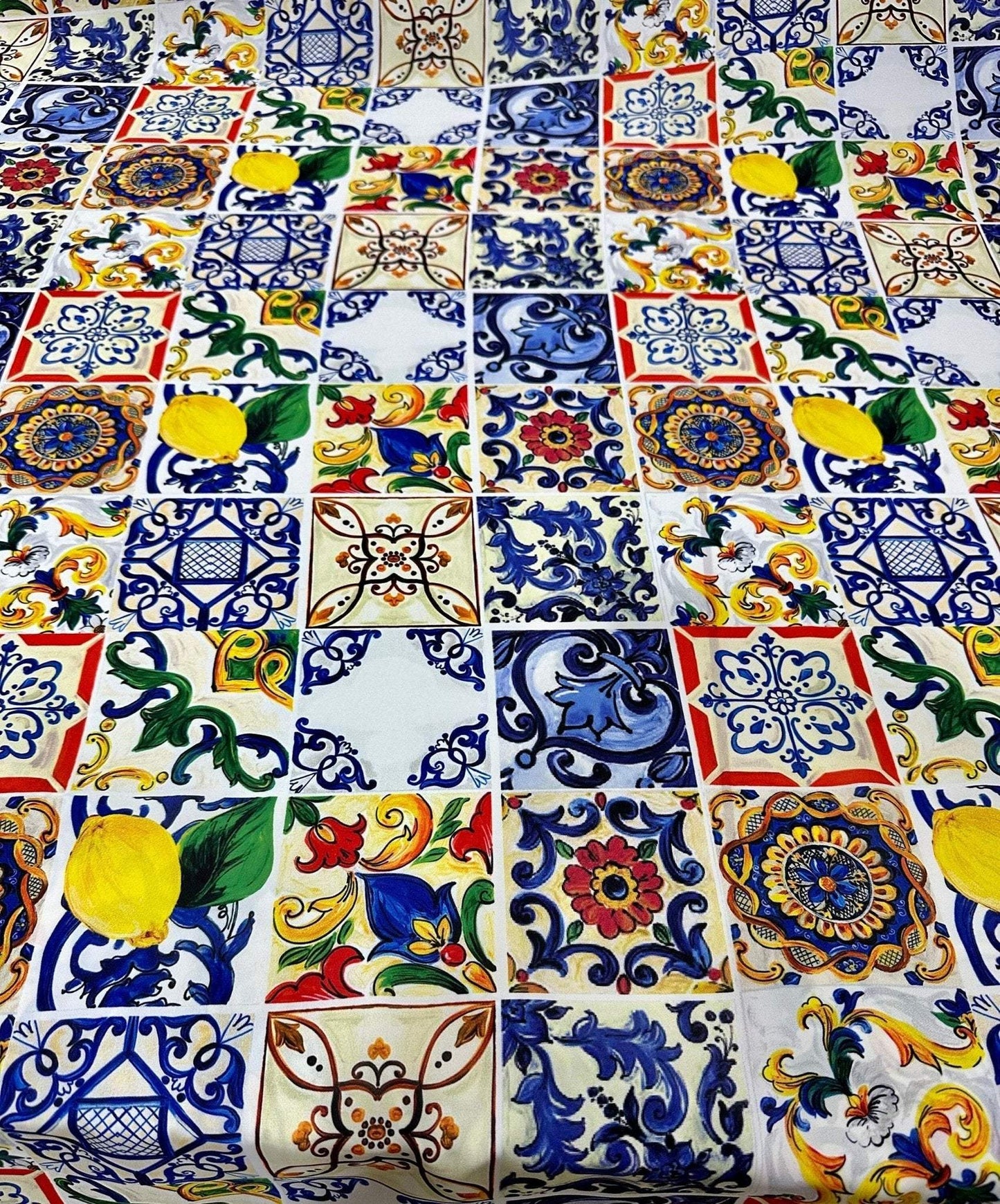 Majolica Pattern Fabric – Available in Satin, Crepe, Spandex & Chiffon | By Metre