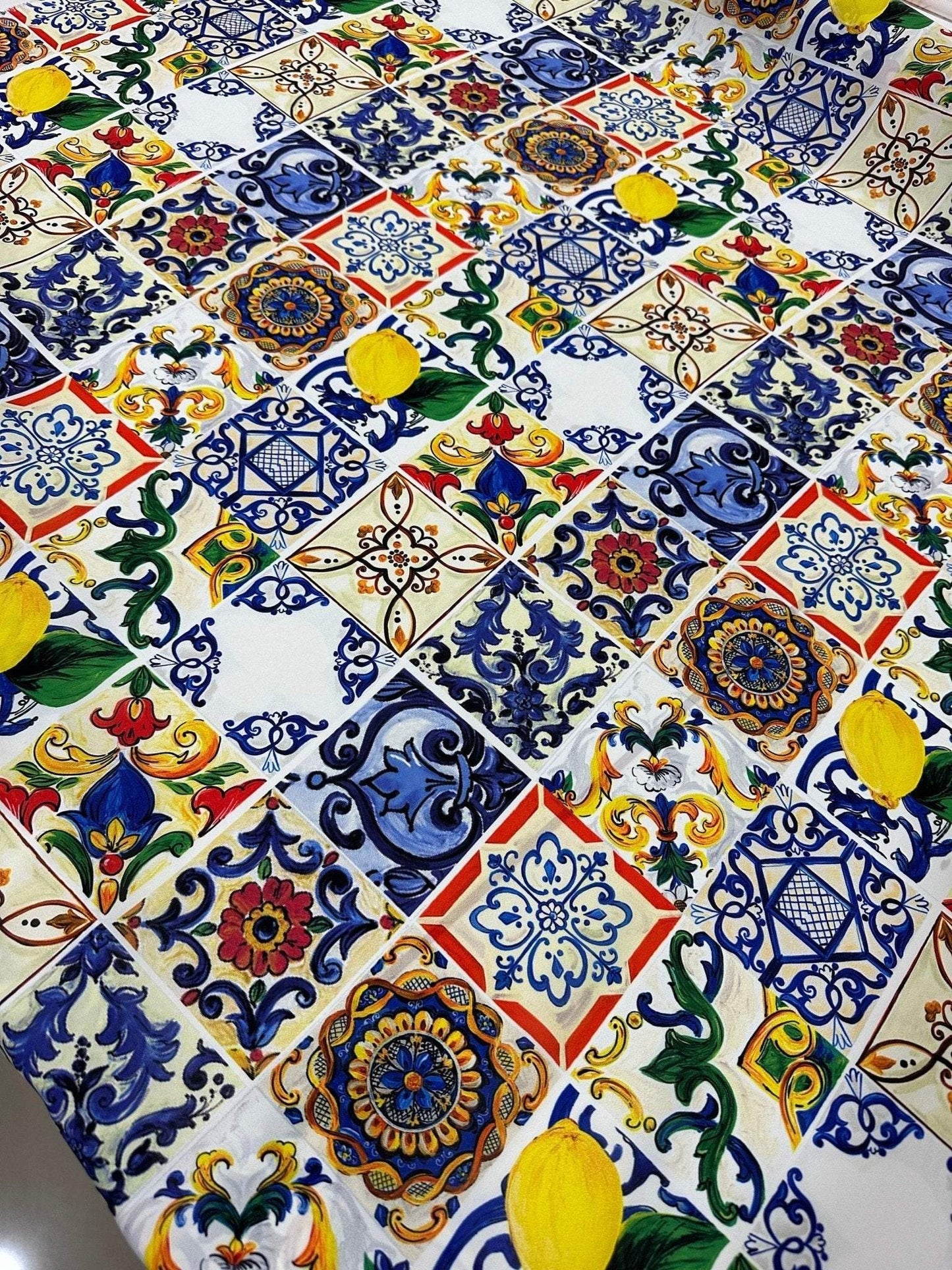 Majolica Pattern Fabric – Available in Satin, Crepe, Spandex & Chiffon | By Metre