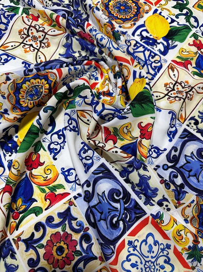 Majolica Pattern Fabric – Available in Satin, Crepe, Spandex & Chiffon | By Metre