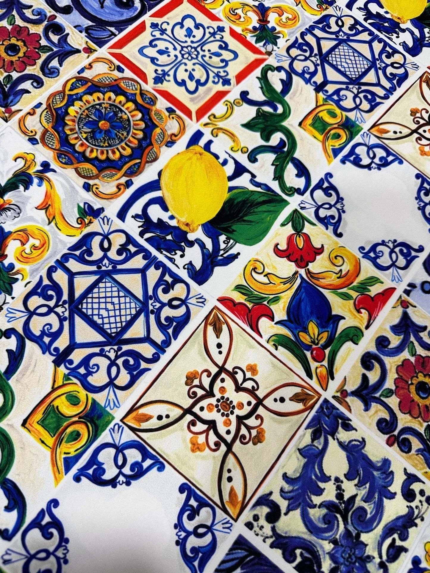 Majolica Pattern Fabric – Available in Satin, Crepe, Spandex & Chiffon | By Metre