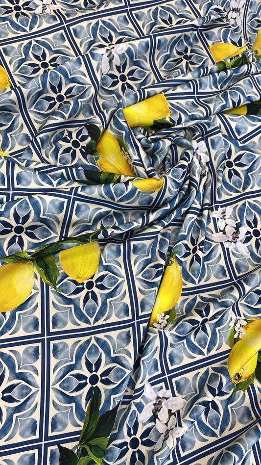 Mediterranean Lemon and Blue Tile Print Fabric