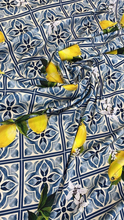 Mediterranean Lemon and Blue Tile Print Fabric – Fabric by Metre, Multiple Options for Sewing & Dressmaking