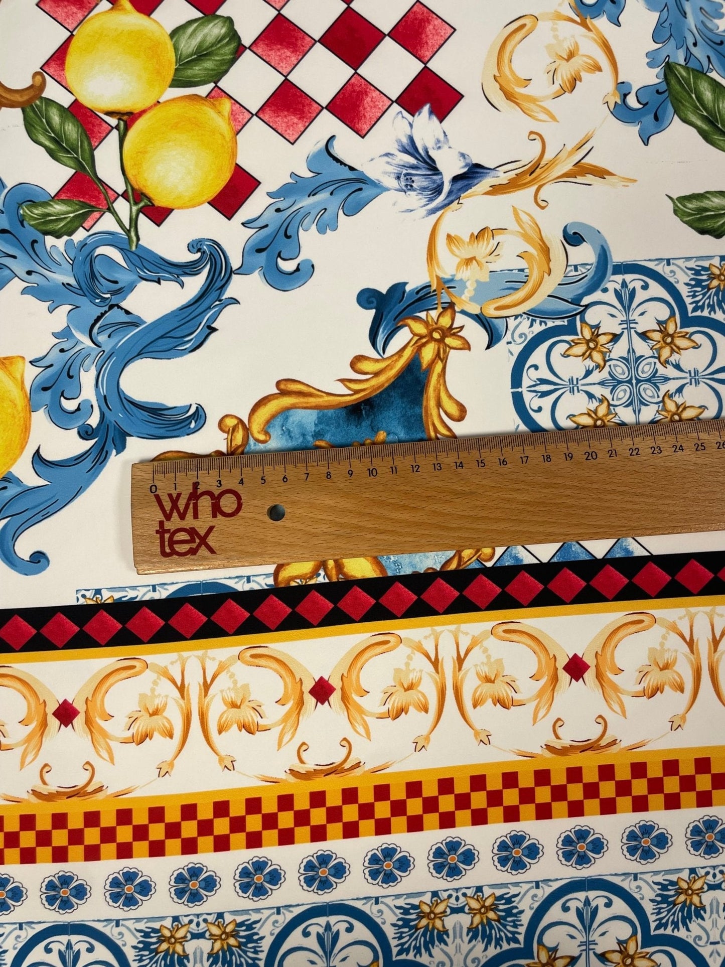 Mediterranean Lemon & Tile Print Crepe Fabric by the Metre – Dressmaking