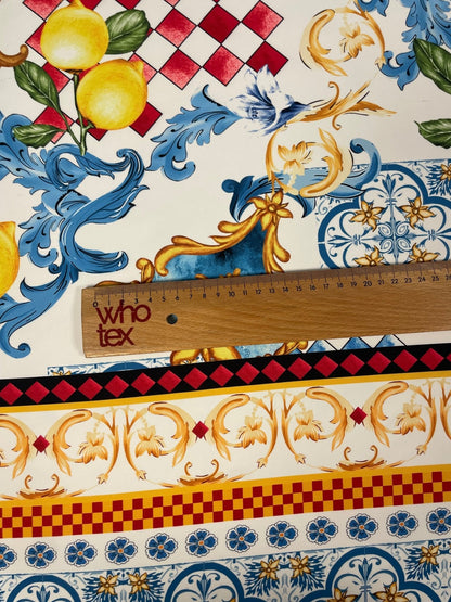 Mediterranean Lemon & Tile Print Crepe Fabric by the Metre – Dressmaking