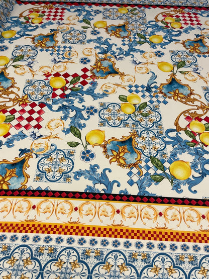 Mediterranean Lemon & Tile Print Crepe Fabric by the Metre – Dressmaking