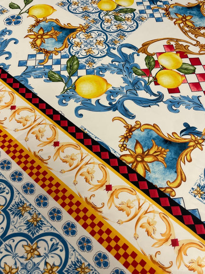 Mediterranean Lemon & Tile Print Crepe Fabric by the Metre – Dressmaking