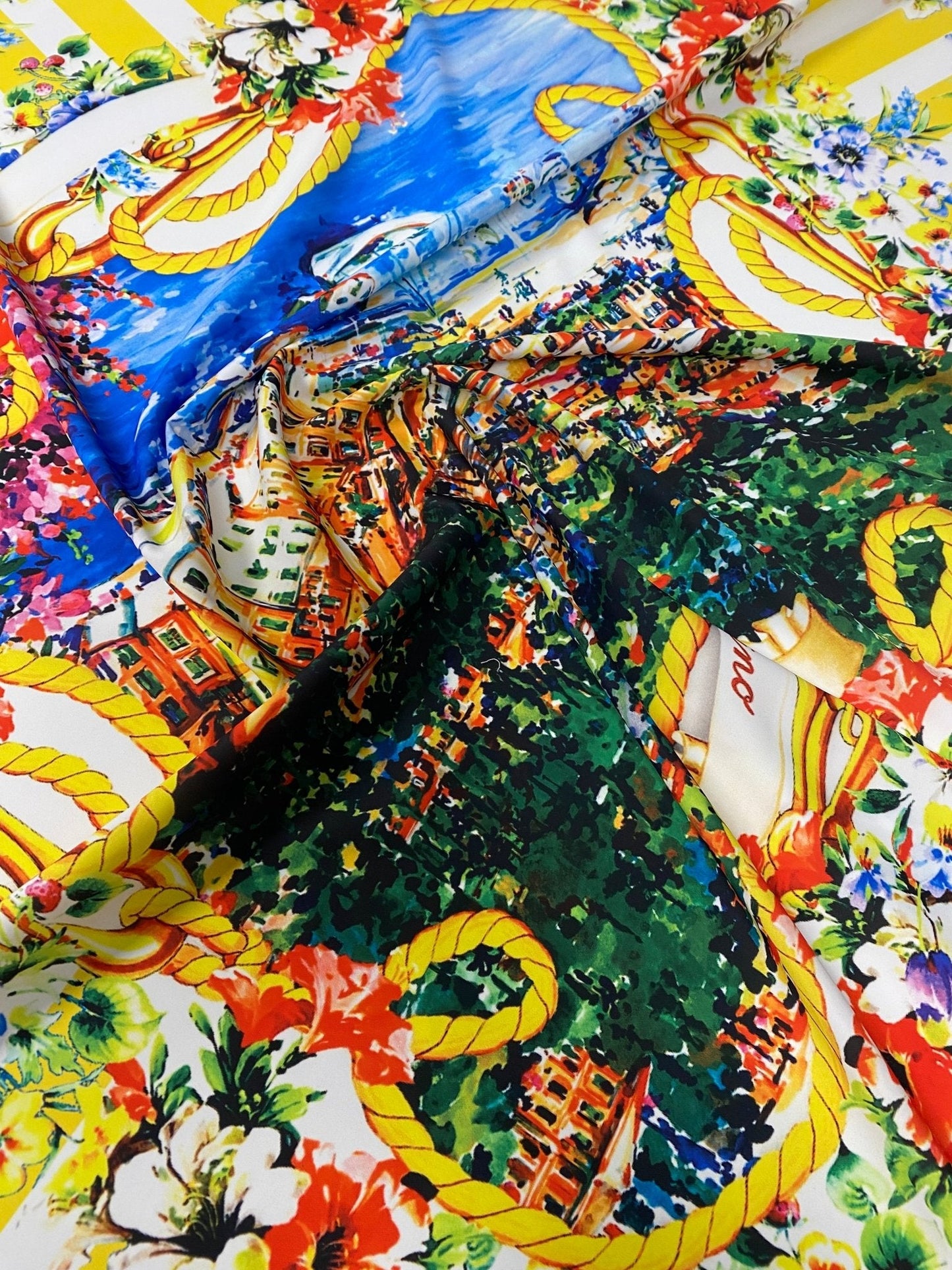 Mediterranean Print Crepe Fabric by the Metre – Yellow Stripes Floral