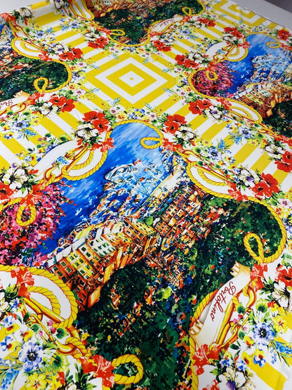 Mediterranean Print Crepe Fabric by the Metre – Yellow Stripes Floral