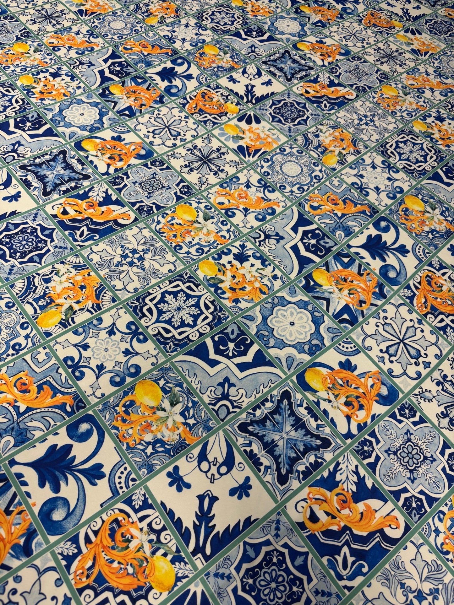 Mediterranean Tile & Lemon Print Satin Fabric by the Metre