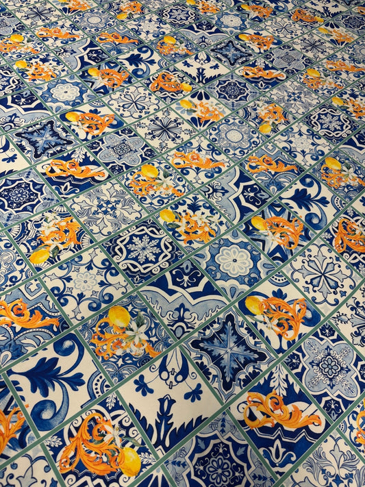 Mediterranean Tile & Lemon Print Satin Fabric by the Metre