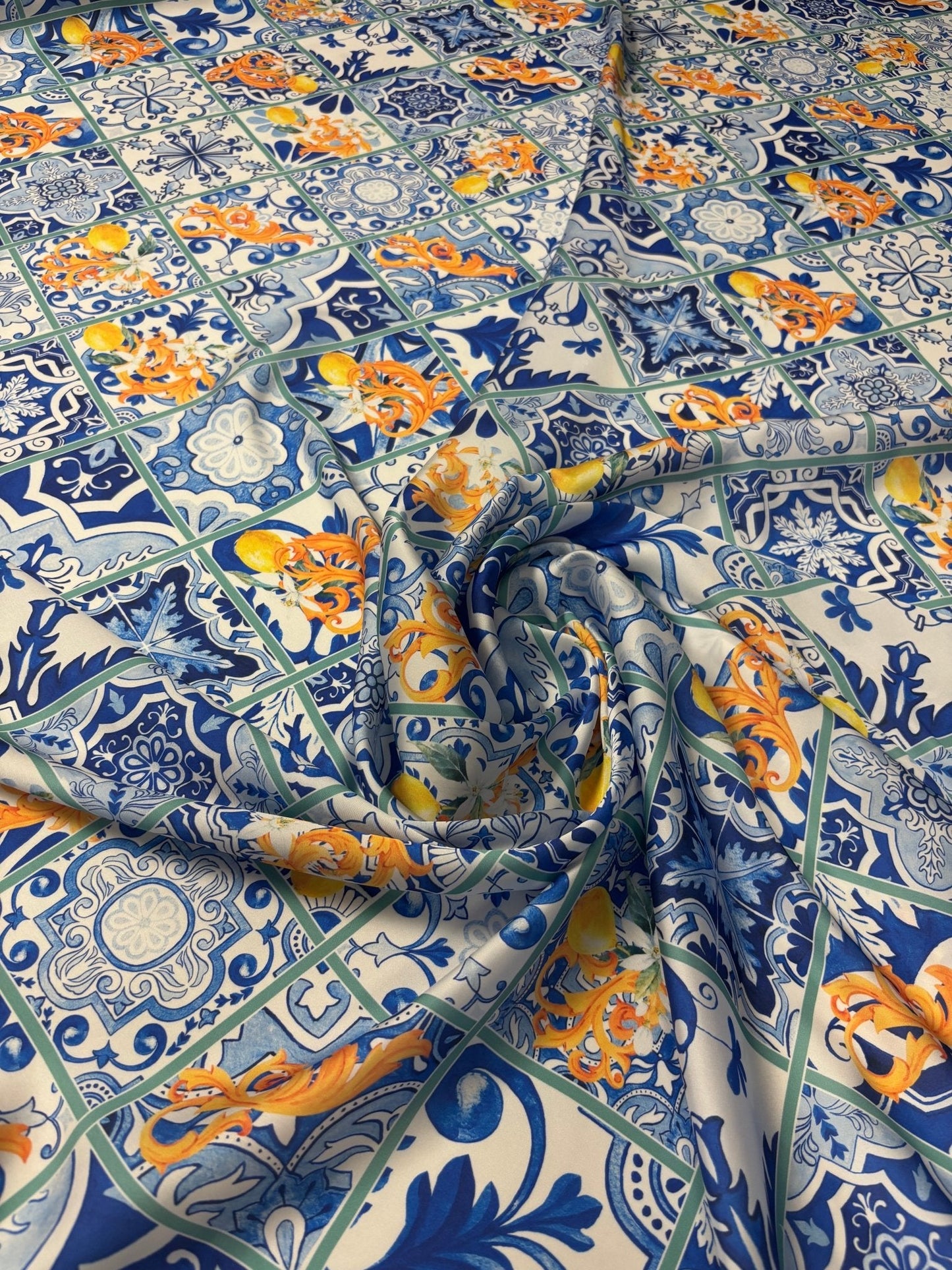Mediterranean Tile & Lemon Print Satin Fabric by the Metre