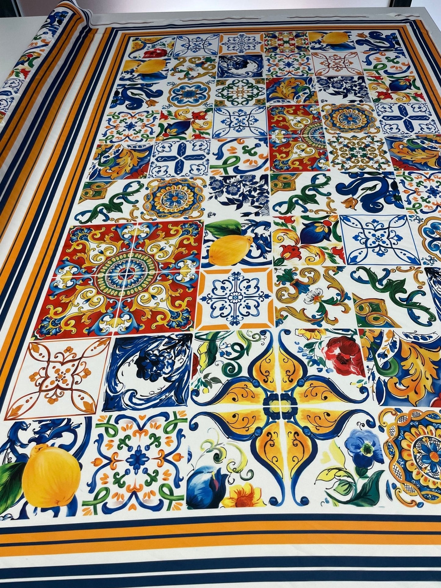 Mediterranean Tile & Lemon Print Crepe Fabric by the Metre – Dressmaking