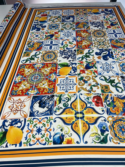 Mediterranean Tile & Lemon Print Crepe Fabric by the Metre – Dressmaking