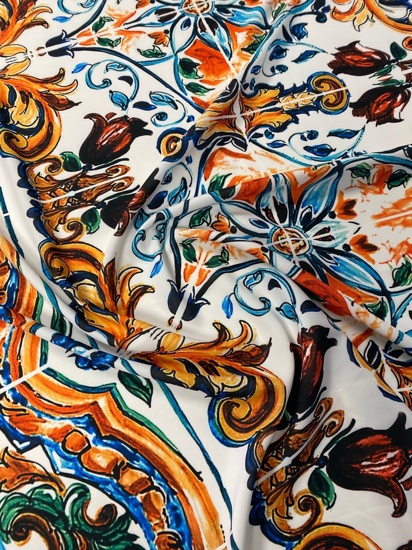 Mediterranean Tile Print Crepe Fabric by the Metre – Multicolour