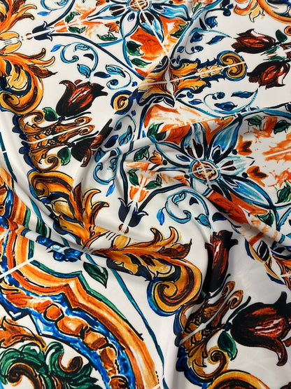 Mediterranean Tile Print Crepe Fabric by the Metre – Multicolour