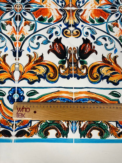 Mediterranean Tile Print Crepe Fabric by the Metre – Multicolour