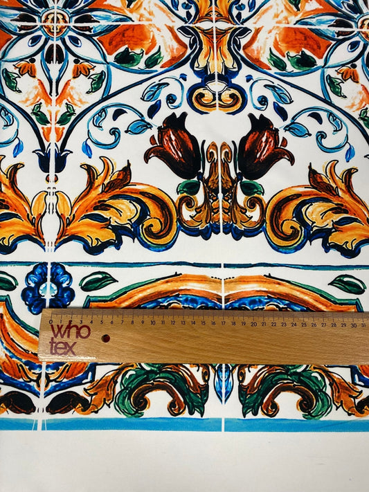 Mediterranean Tile Print Crepe Fabric by the Metre – Multicolour