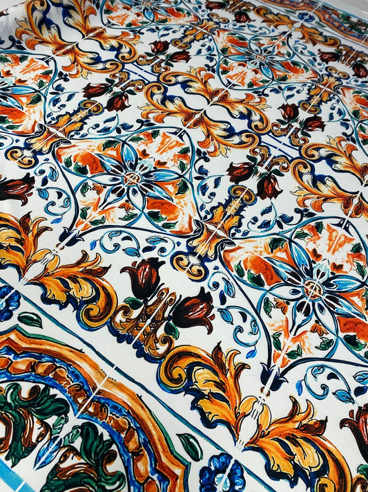 Mediterranean Tile Print Crepe Fabric by the Metre – Multicolour