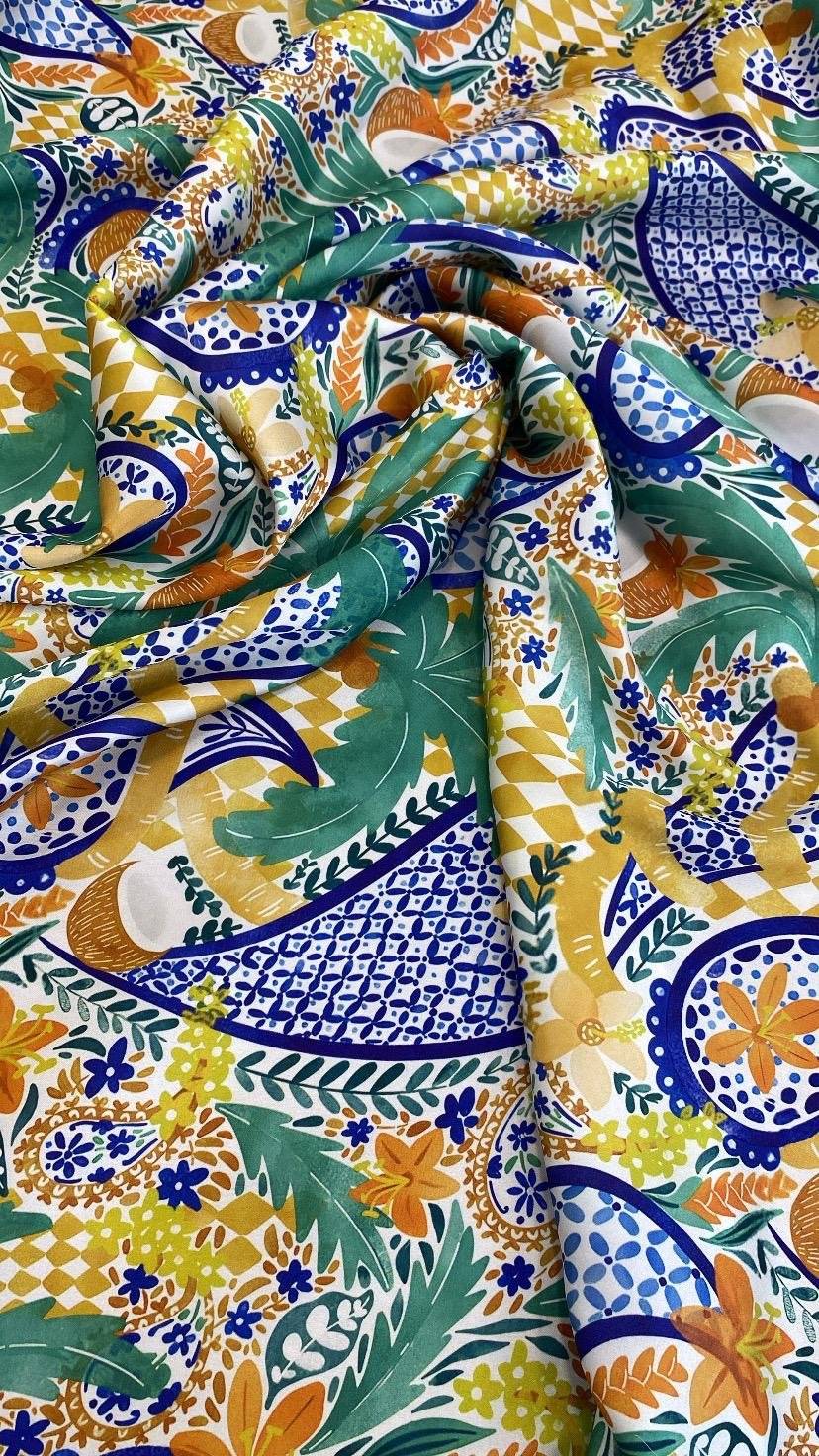 Mediterranean Tile Print Fabric – Custom Printed Fabric on Satin, Crepe, Spandex or Chiffon