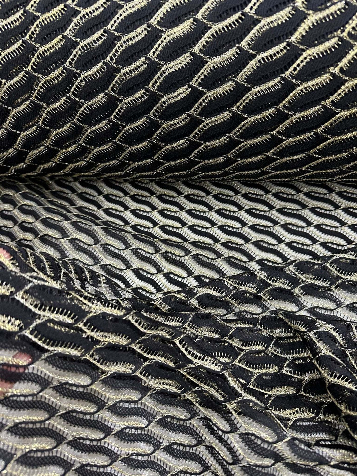 Black Zigzag Mesh Lace Fabric for Elegant Designs