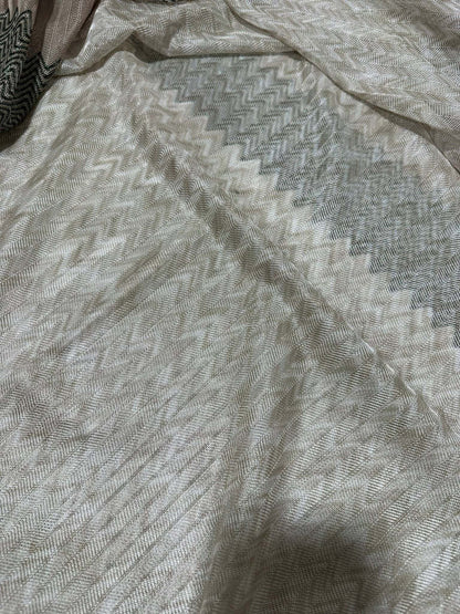 Gray Zigzag Knit Jersey Fabric with Green Glitter Breathable Mesh Material