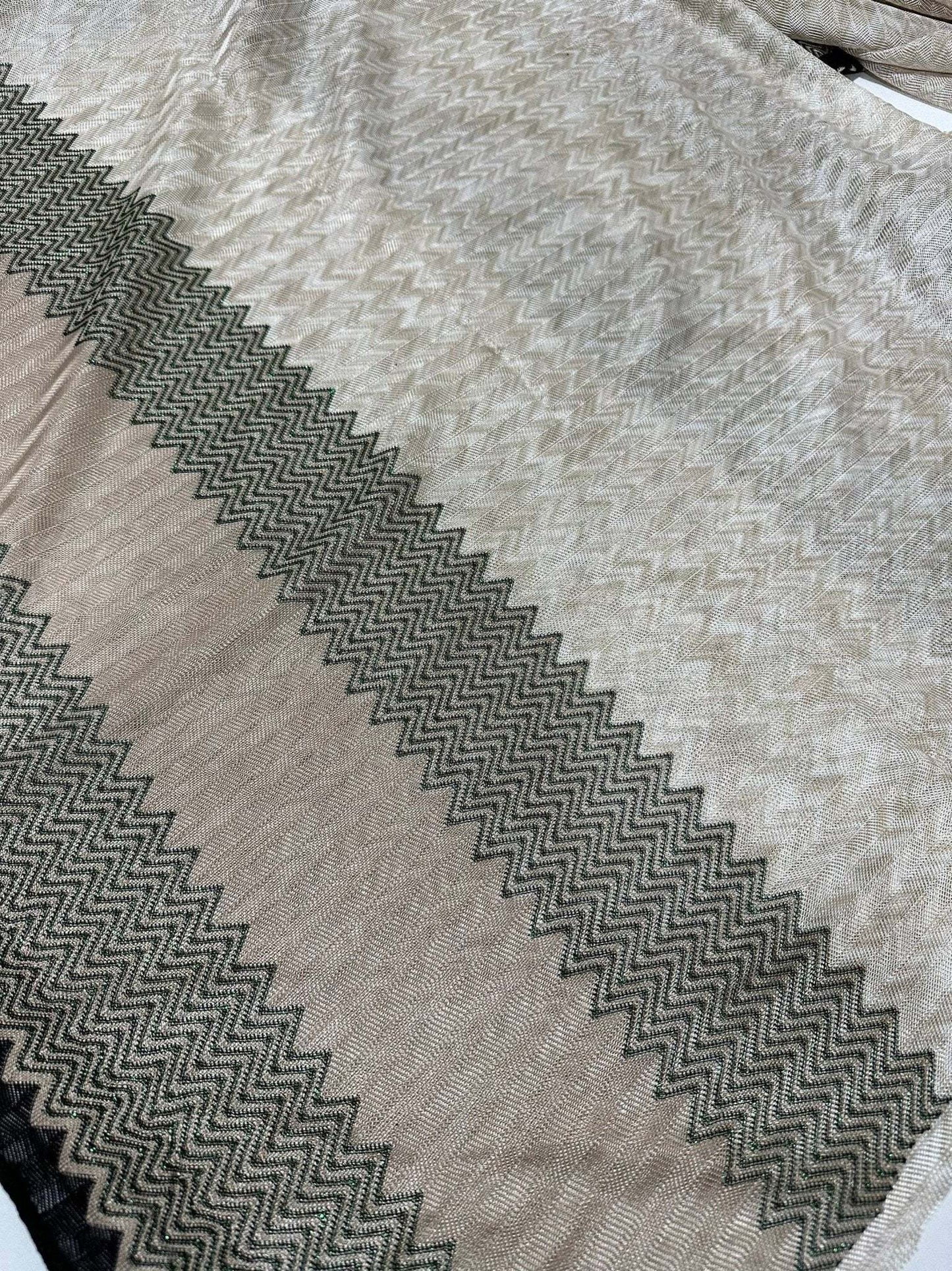 Gray Zigzag Knit Jersey Fabric with Green Glitter Breathable Mesh Material