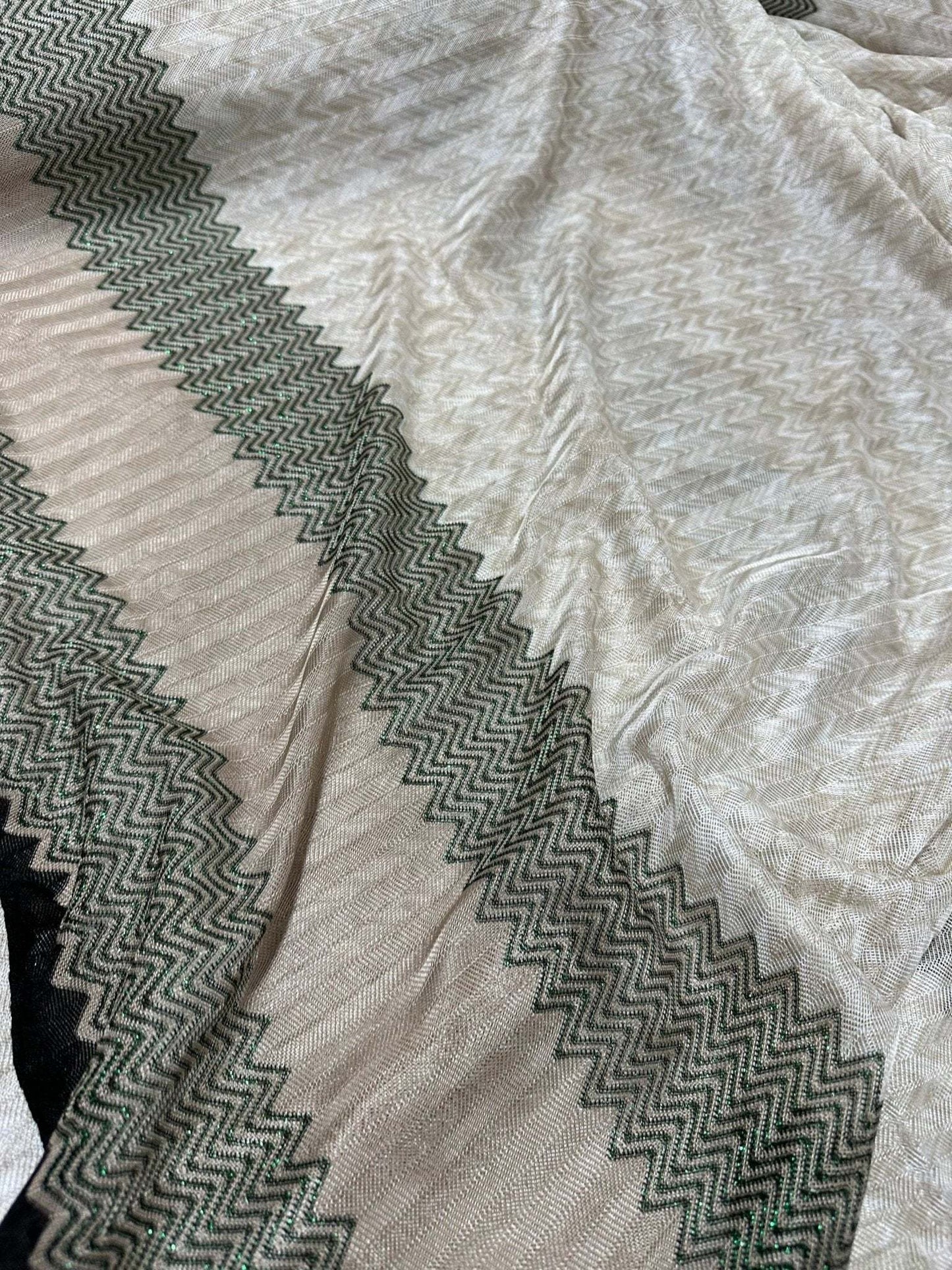Gray Zigzag Knit Jersey Fabric with Green Glitter Breathable Mesh Material