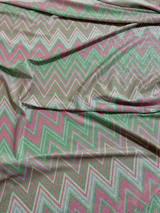 Green and Pink Zigzag Knit Lurex Fabric - Stylish Lightweight Material