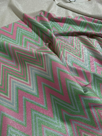 Green and Pink Zigzag Knit Lurex Fabric - Stylish Lightweight Material