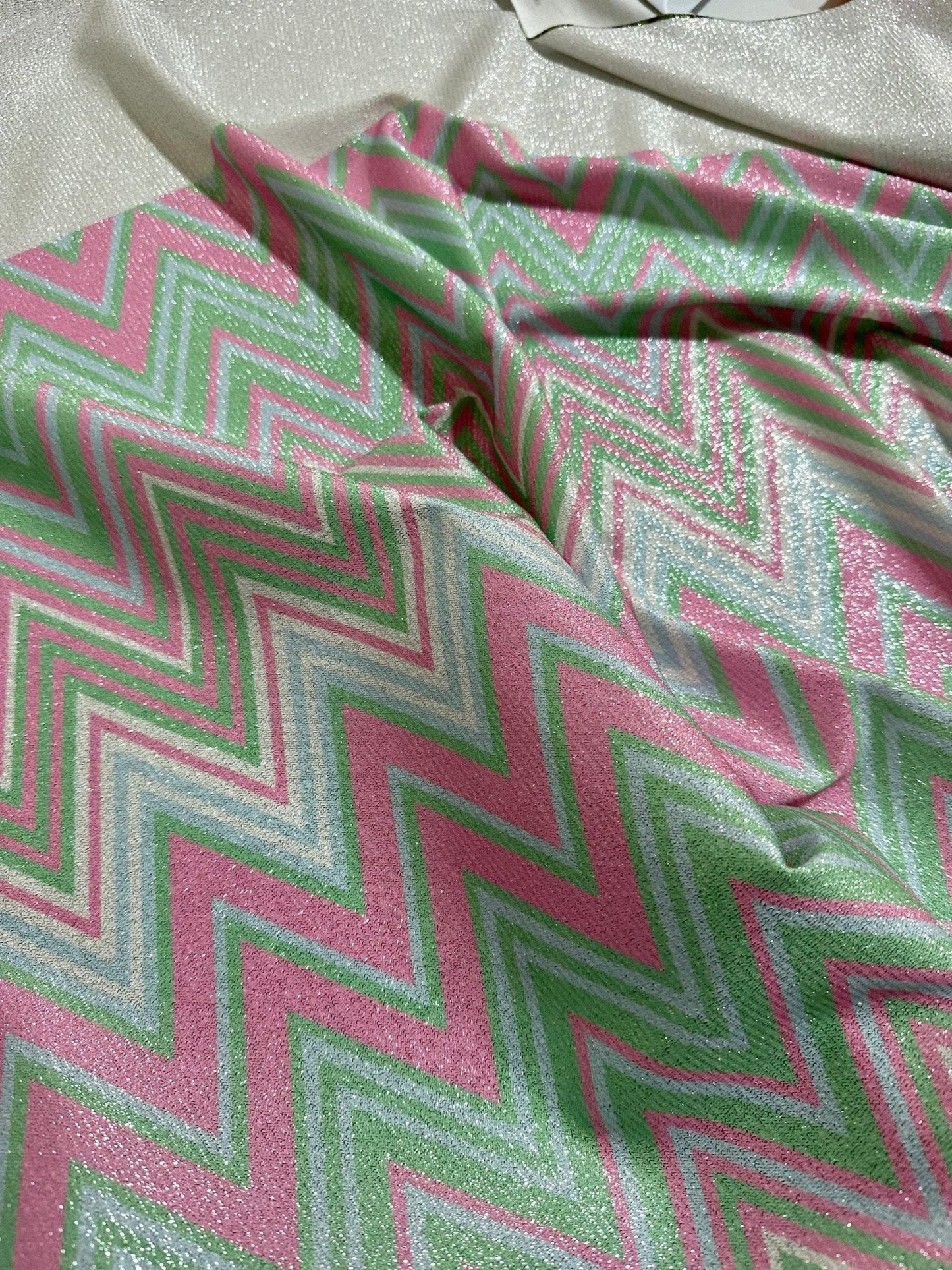 Green and Pink Zigzag Knit Lurex Fabric - Stylish Lightweight Material