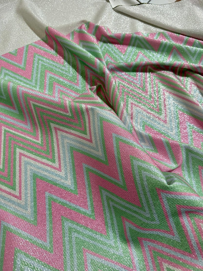 Green and Pink Zigzag Knit Lurex Fabric - Stylish Lightweight Material