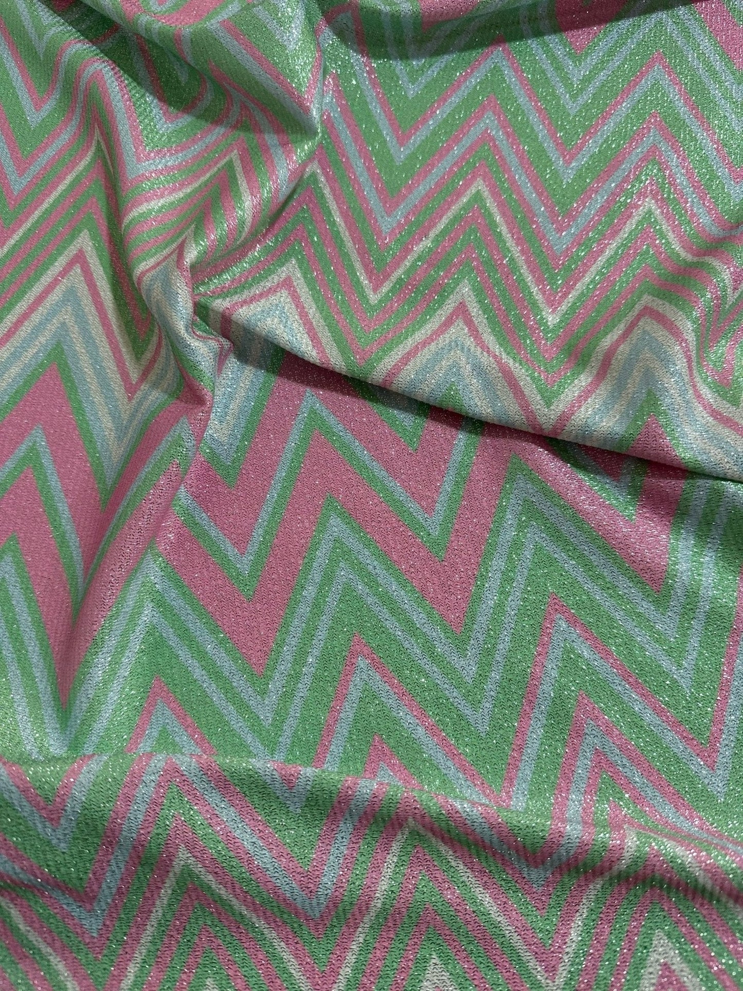 Green and Pink Zigzag Knit Lurex Fabric - Stylish Lightweight Material