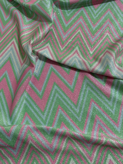 Green and Pink Zigzag Knit Lurex Fabric - Stylish Lightweight Material