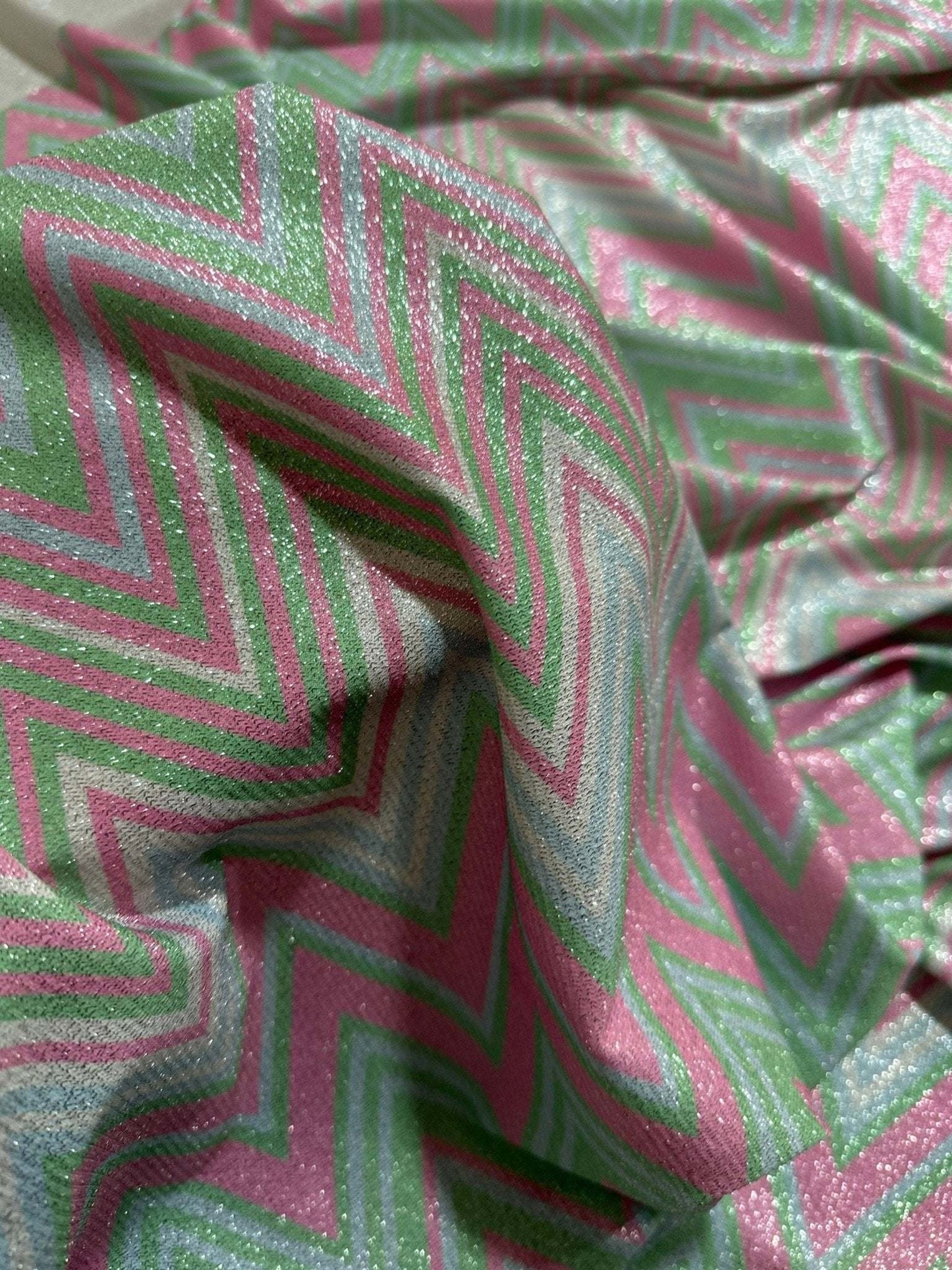 Green and Pink Zigzag Knit Lurex Fabric - Stylish Lightweight Material