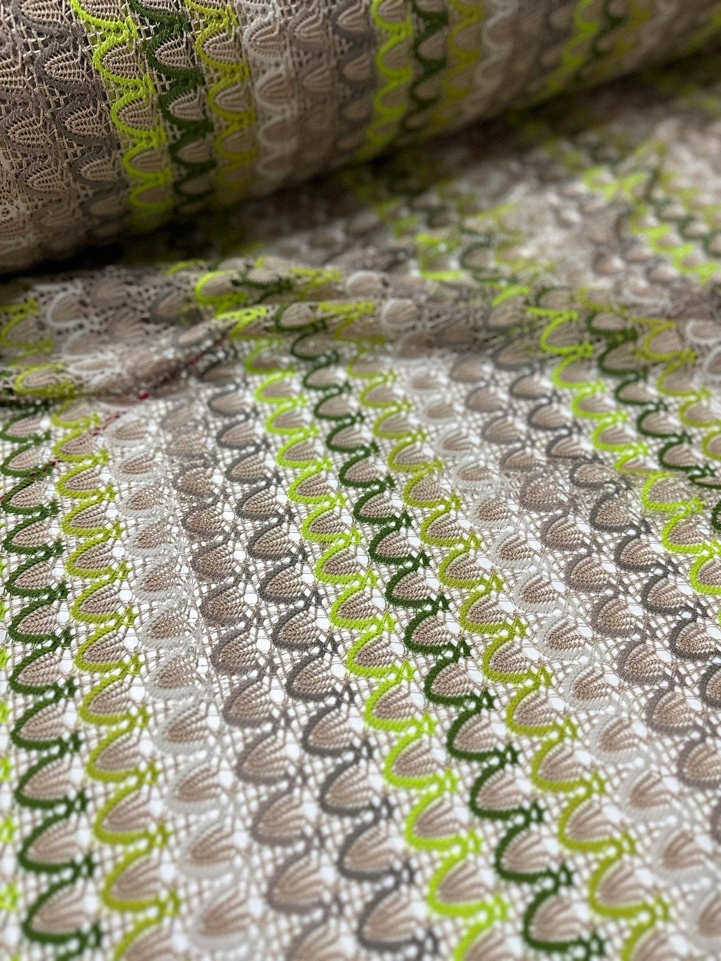 Beige Green Zigzag Knit Jersey Mesh Fabric for Clothing and Crafts
