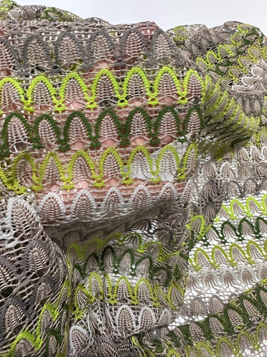 Beige Green Zigzag Knit Jersey Mesh Fabric for Clothing and Crafts